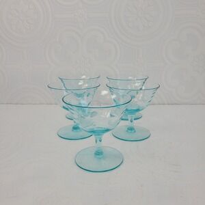 Vintage Light Blue Glass Champagne Coupes Sherbet Dishes Optic Swirl Set of 5